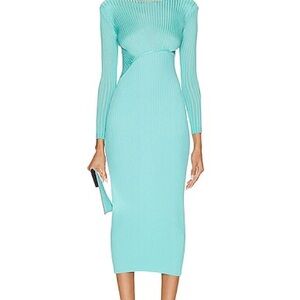 SELF PORTRAIT. Women’s Long Sleeve Ribbed Bodycon Midi Dress in Aqua